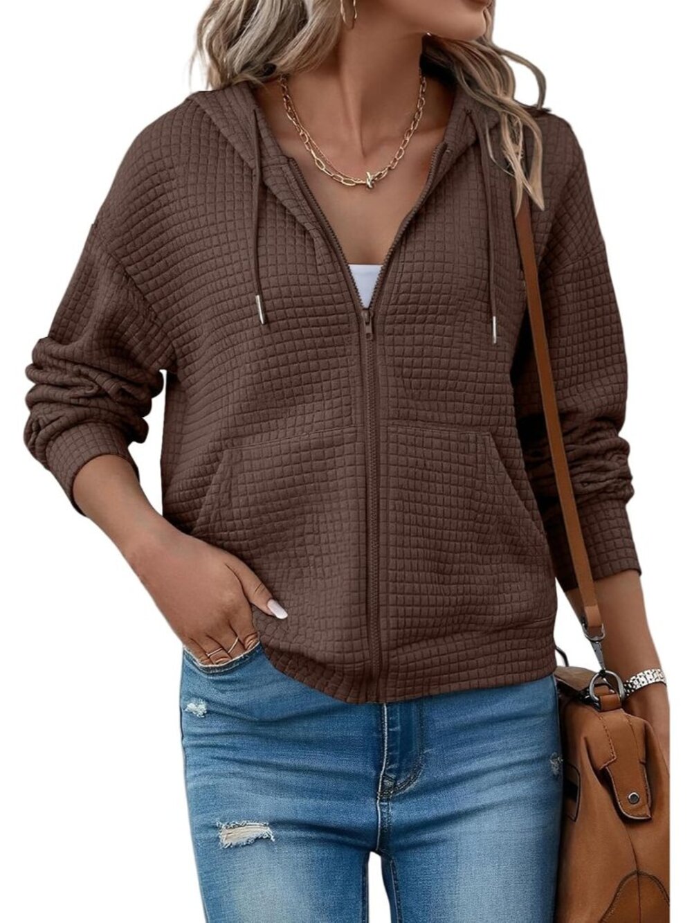 Women's Brown Oversized Sweatshirt V-Neck kangaroo pockets Waffle Hooded Jacket